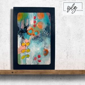 Acrylic Abstract Art Original Mini Painting Blue Pink Green Yellow Leaves 5